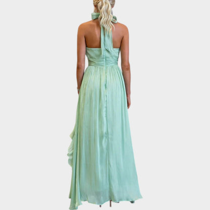 Elegancka sukienka maxi z falbanami i wiązaniem na szyi typu halter