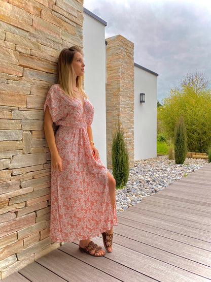 Różowa Prochowa Boho Sukienka Maxi z Rozcięciem