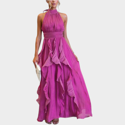 Elegancka sukienka maxi z falbanami i wiązaniem na szyi typu halter
