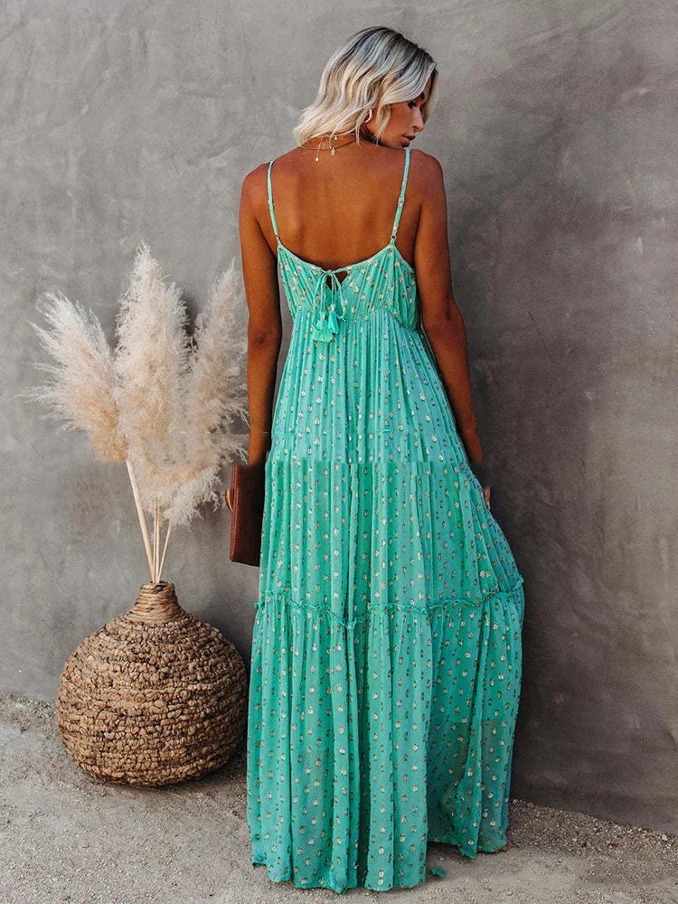 Boho chic zielona długa letnia sukienka