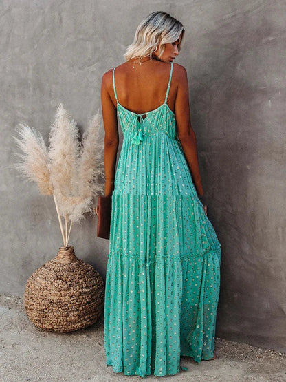 Boho chic zielona długa letnia sukienka