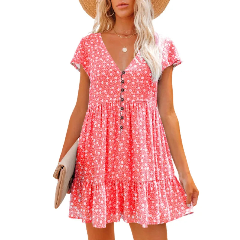 Letnia sukienka damska w kwiaty z dekoltem w serek, rozkloszowana, boho, mini