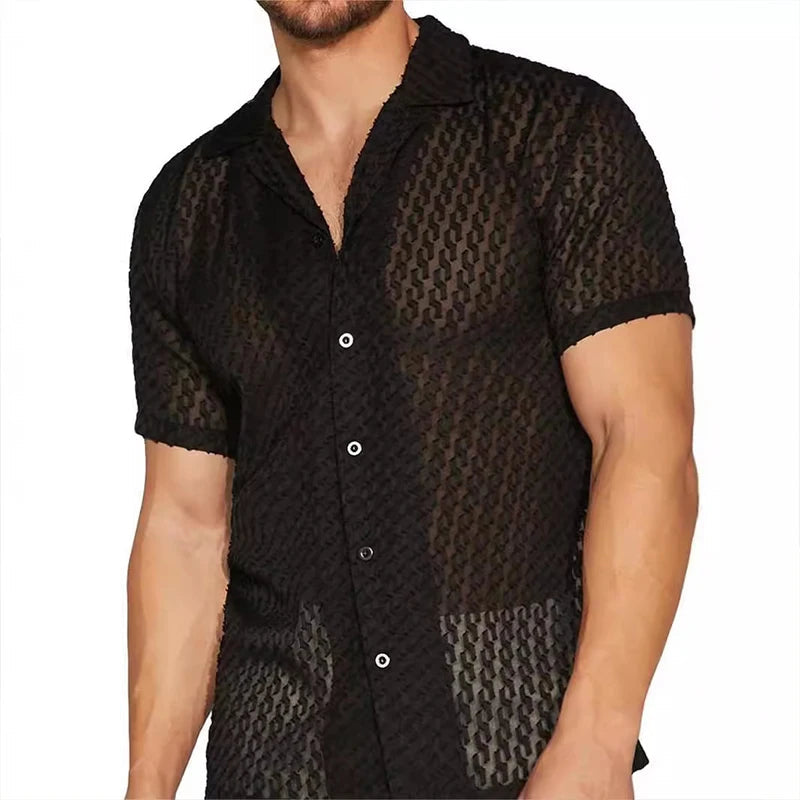 Męska siateczkowa koszula slim fit z krótkim rękawem czarna