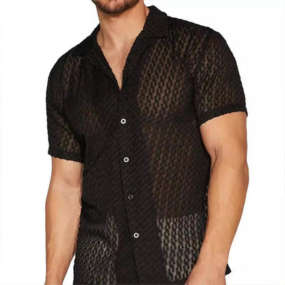 Męska siateczkowa koszula slim fit z krótkim rękawem czarna