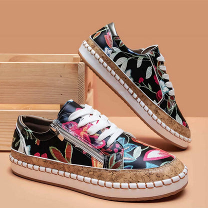 Damskie skórzane sneakersy na platformie z kwiatowym wzorem, ortopedyczne, komfortowe