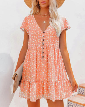 Letnia sukienka damska w kwiaty z dekoltem w serek, rozkloszowana, boho, mini