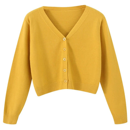 Krótki sweter damski z dzianiny z dekoltem w serek