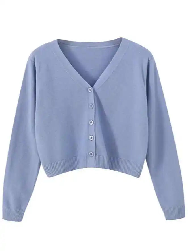 Krótki sweter damski z dzianiny z dekoltem w serek
