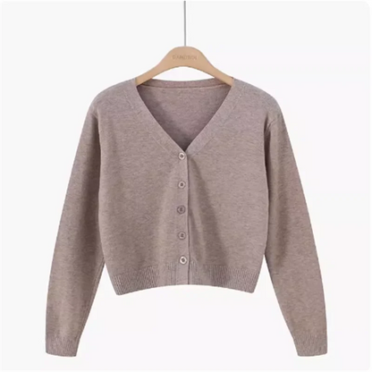 Krótki sweter damski z dzianiny z dekoltem w serek