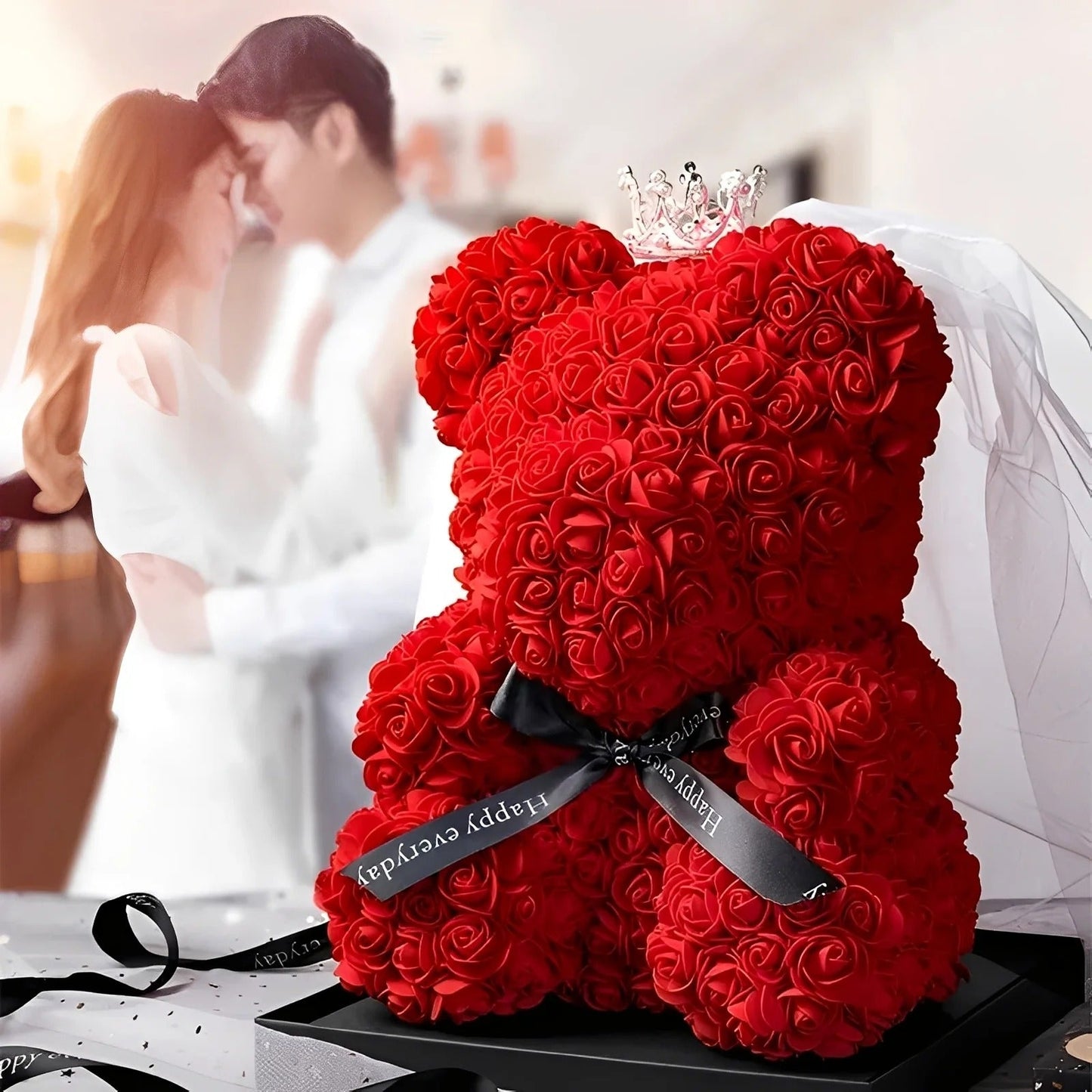 Teddie - Romantyczny Różany Miś z LED-Pudełkiem na Walentynki