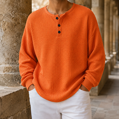 Męski sweter waflowy Henley z guzikami, widok z przodu