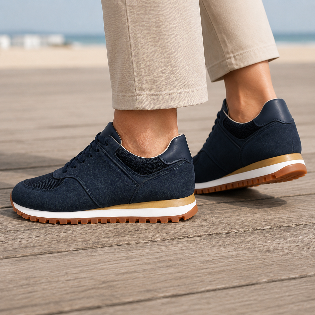 Para sneakersów retro z siatki i zamszowymi wstawkami ujęta z przodu