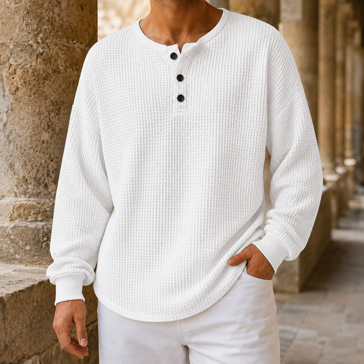 Sweter Waflowy Z Dekoltem Henley I Guzikami