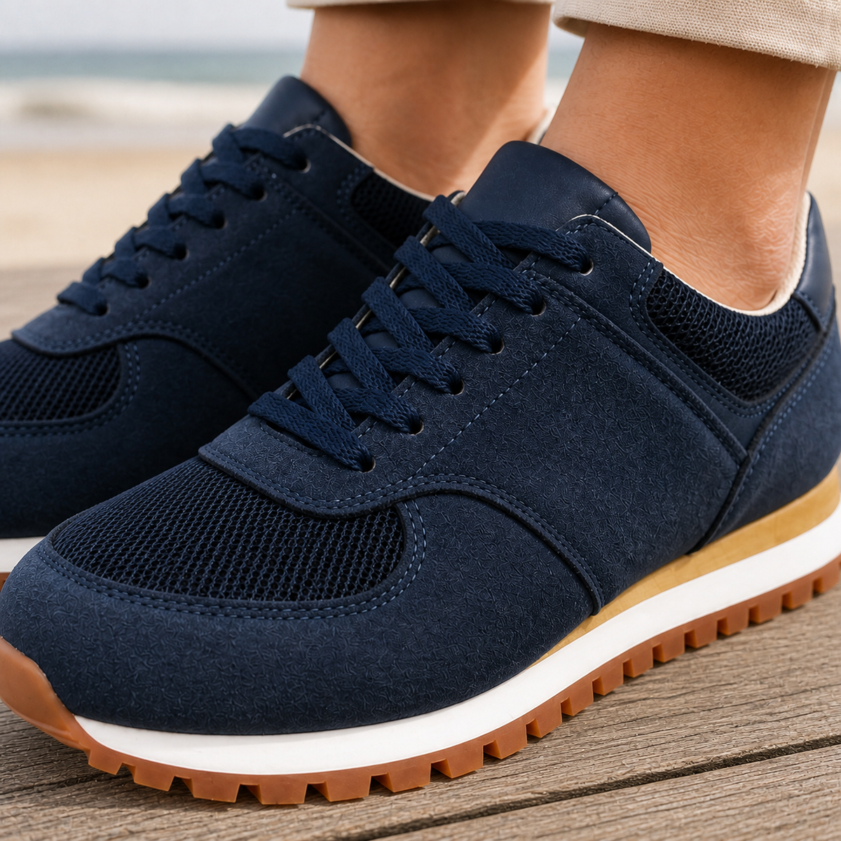 Sneakersy retro pokazane z góry, z widoczną siatkową cholewką