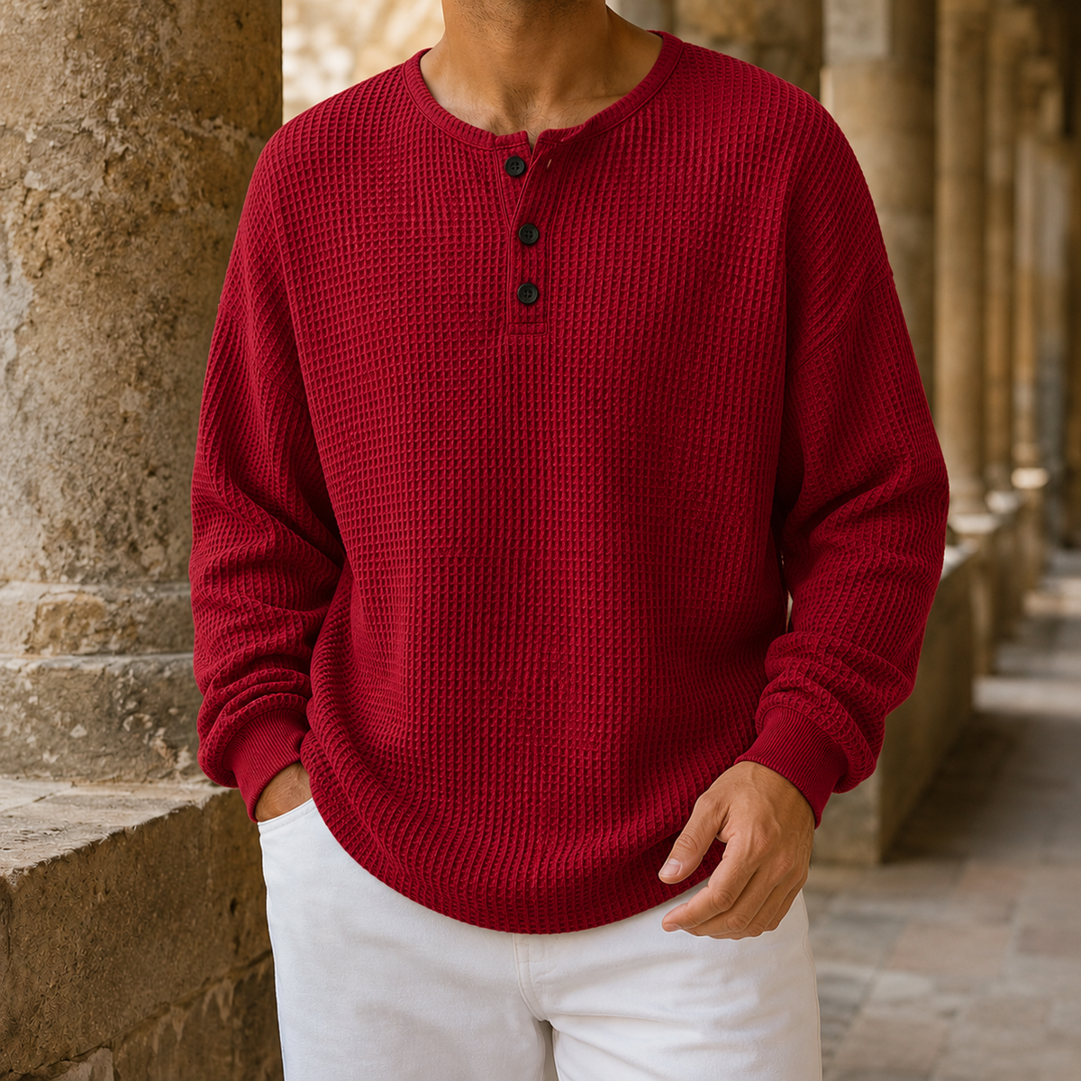 Sweter Waflowy Z Dekoltem Henley I Guzikami