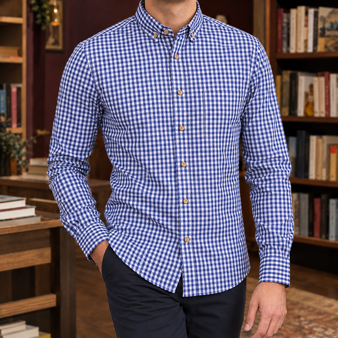 Tył męskiej koszuli bawełnianej w kratkę gingham