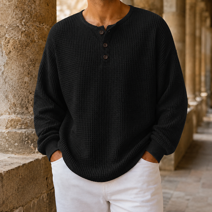 Sweter Waflowy Z Dekoltem Henley I Guzikami