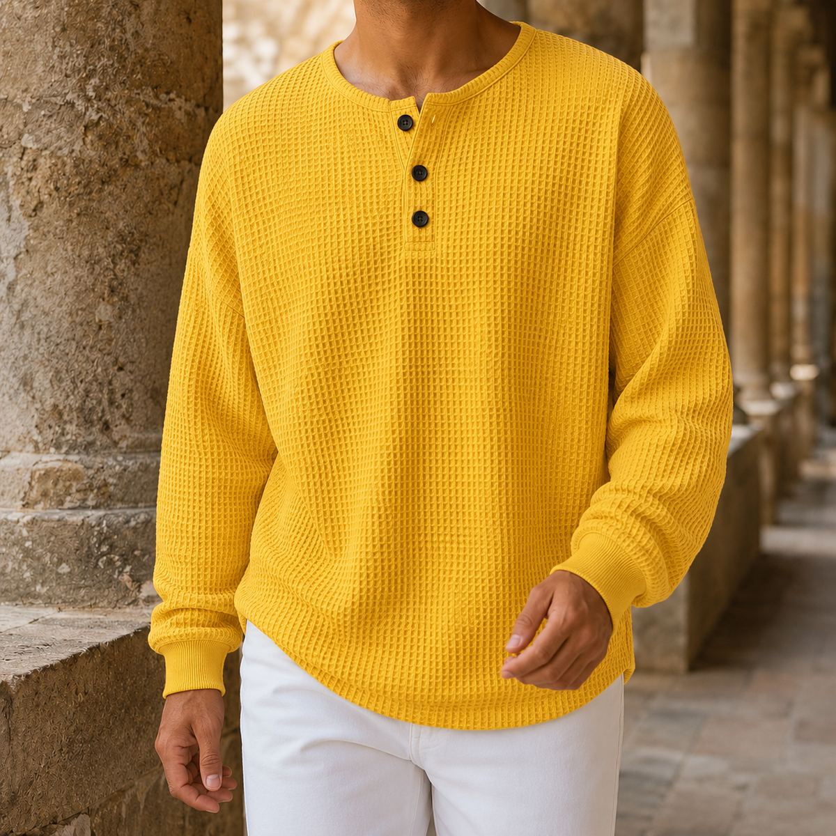 Sweter Waflowy Z Dekoltem Henley I Guzikami