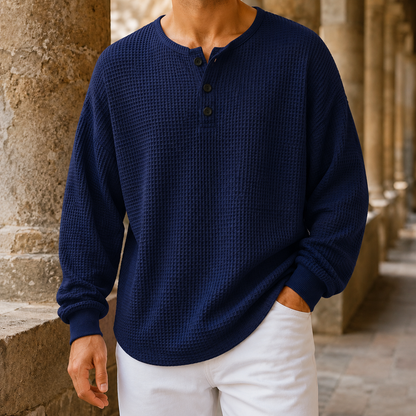 Sweter Waflowy Z Dekoltem Henley I Guzikami