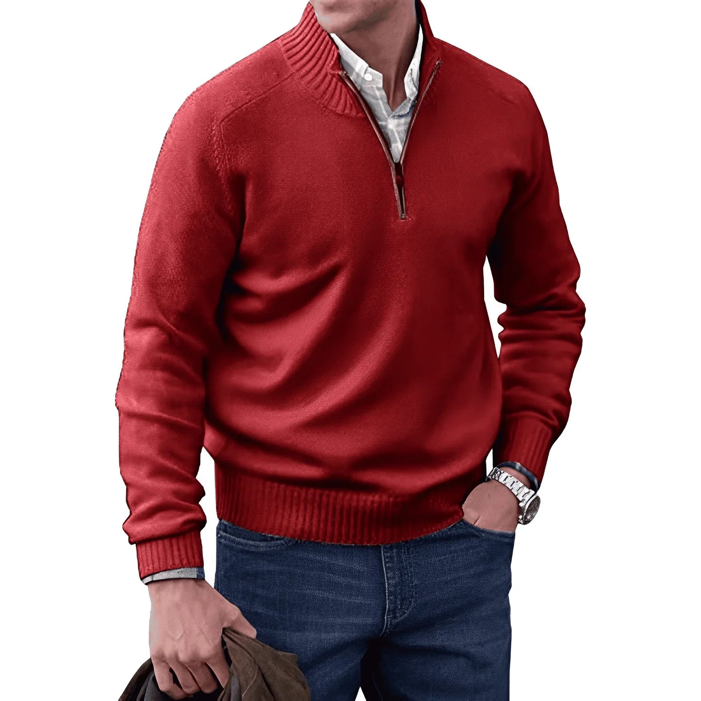 Męski Stylowy Sweter z Półzamkiem i Dzianiny