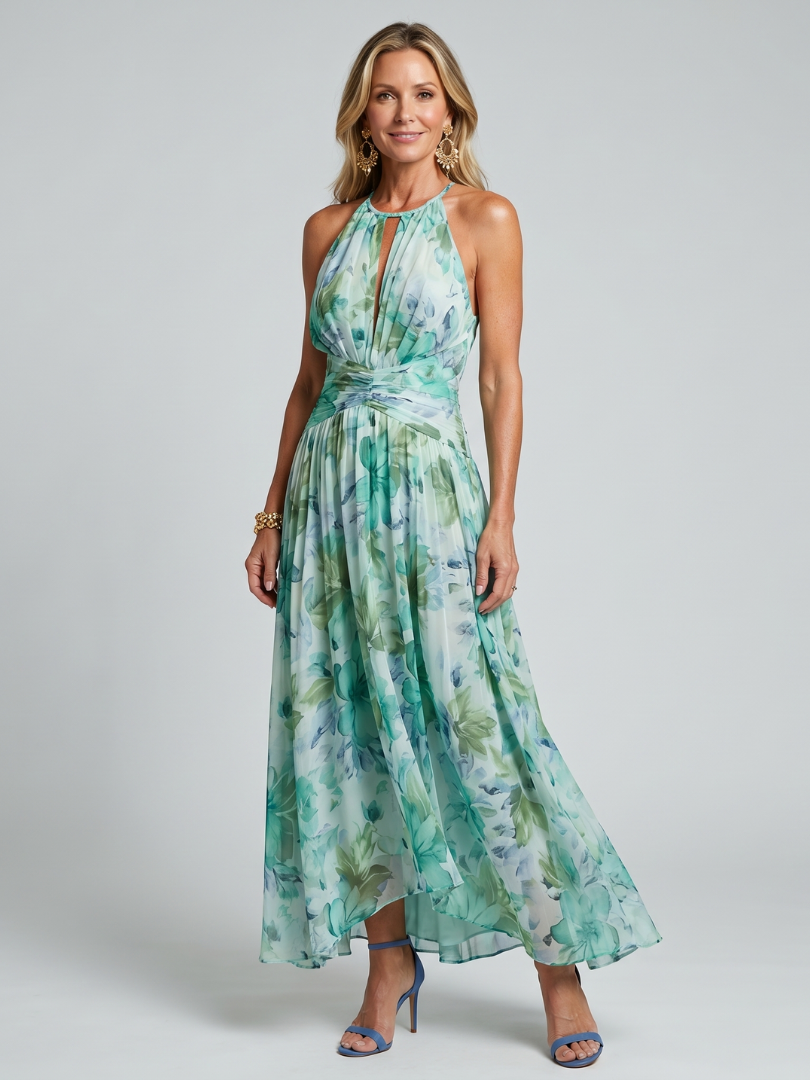 Damska suknia maxi plisowana na halter w kwiaty, widok z przodu