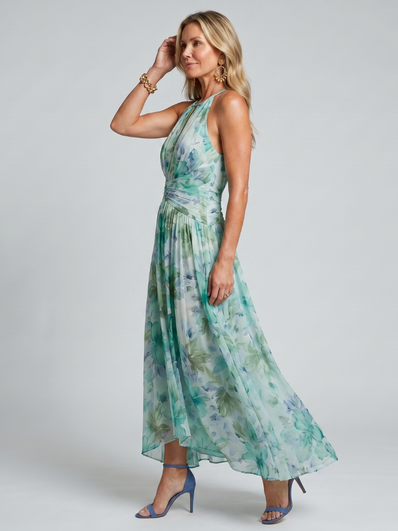 Damska suknia maxi w kwiaty z plisowanym dołem i dekoltem halter