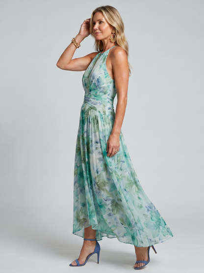 Damska suknia maxi w kwiaty z plisowanym dołem i dekoltem halter