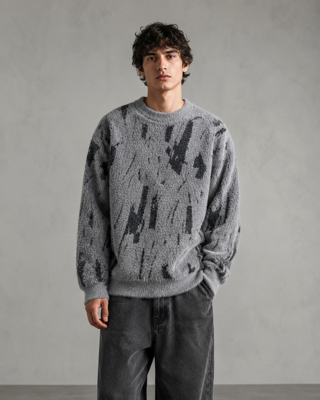 Męski sweter z abstrakcyjnym wzorem w codziennej stylizacji