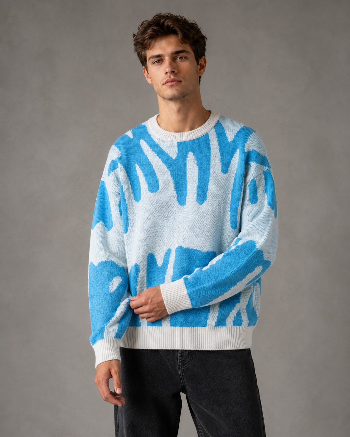 Męski Sweter Dzianinowy Z Abstrakcyjnym Wzorem Luźny Krój