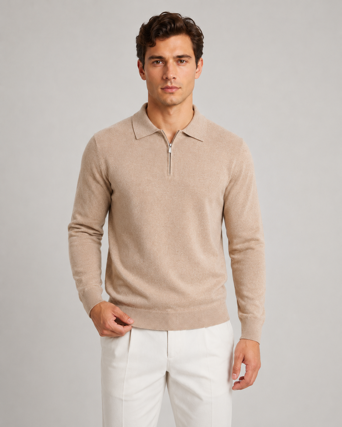 Męski Sweter Dzianinowy Polo Z Zamkiem Pod Szyją
