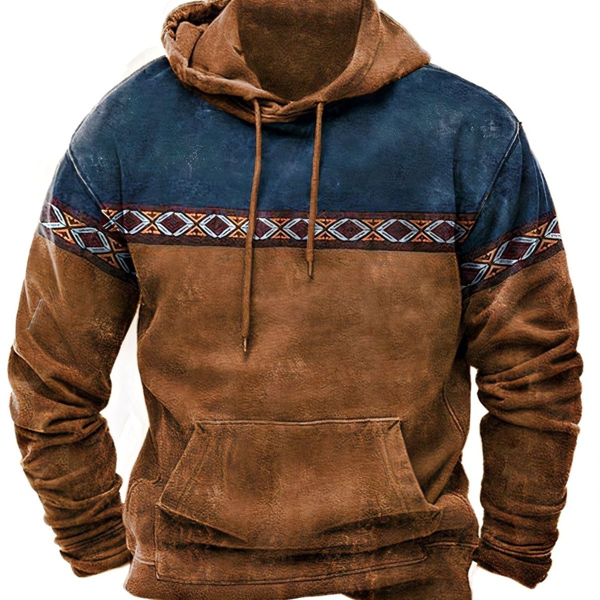 Męska bluza z kapturem w stylu retro i kontrastowym wzorem, widok z przodu