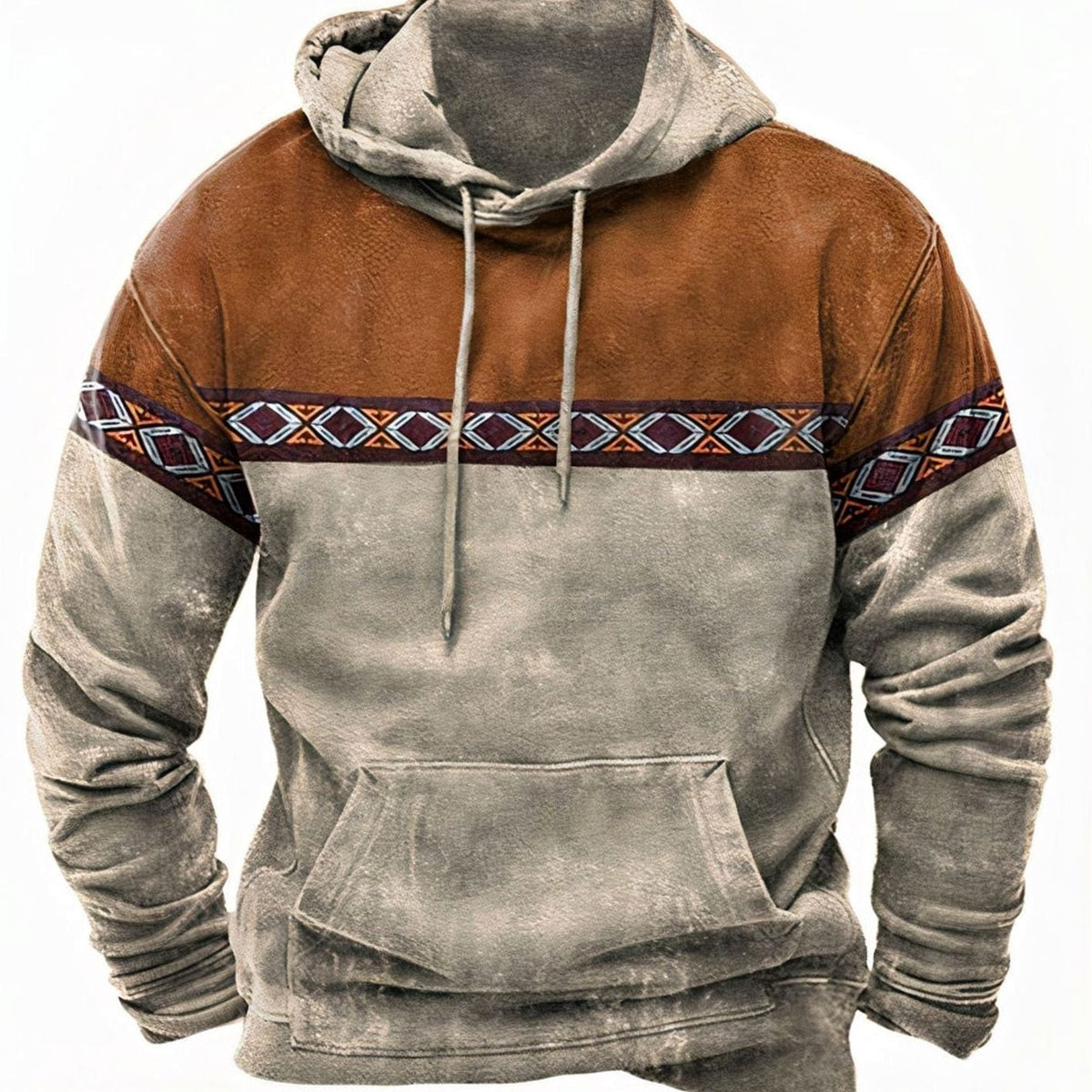 Męska bluza retro z kapturem i sznurkiem, detal kontrastowego wzoru