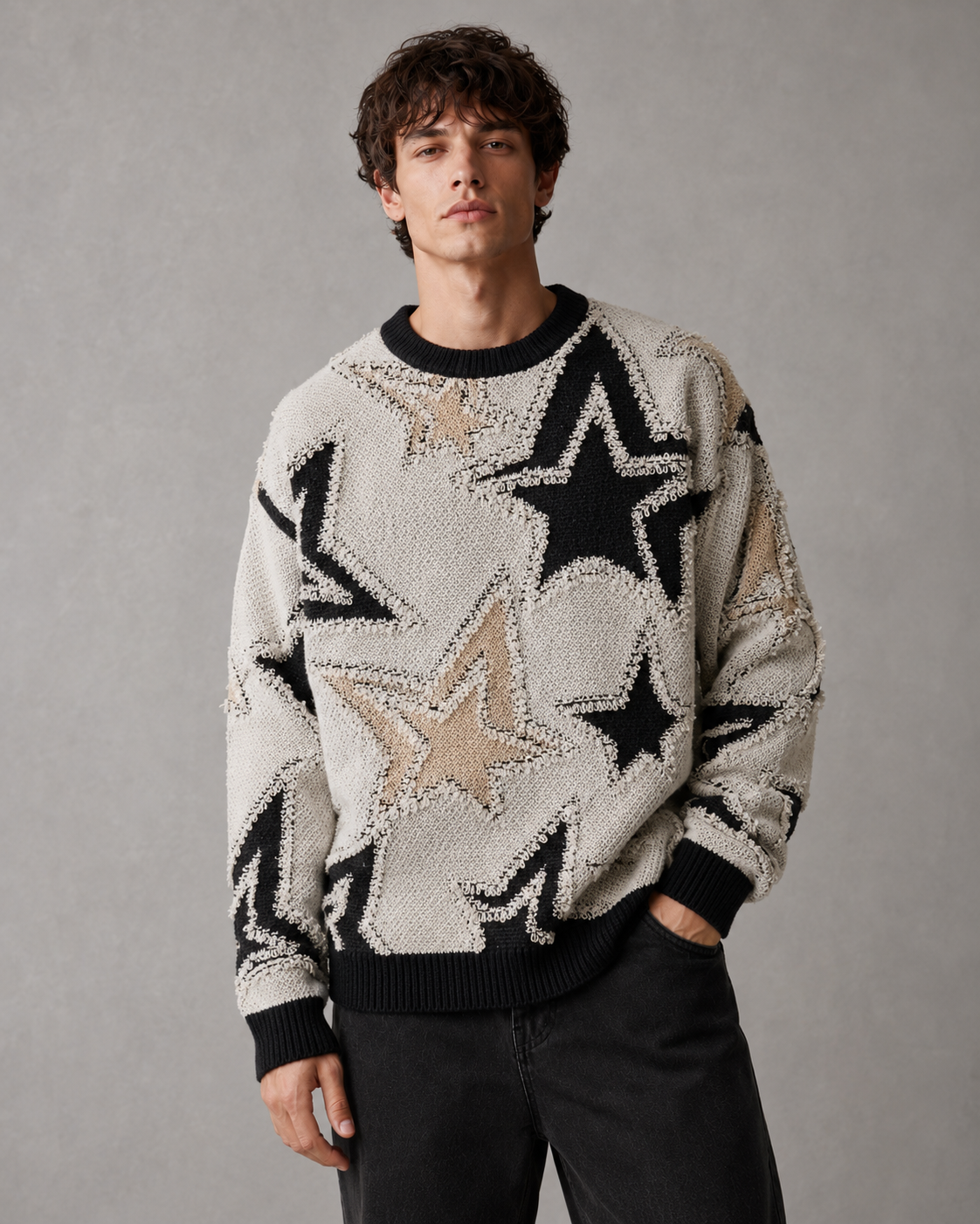 Męski sweter z dzianiny z teksturowanym motywem gwiazd