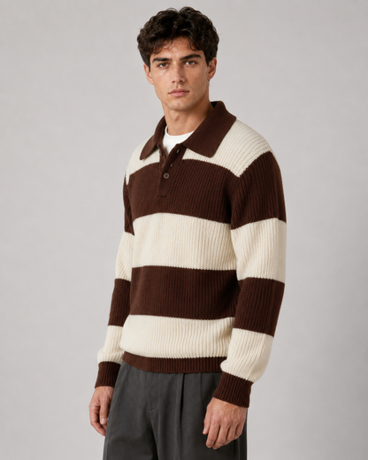 Męski sweter polo w paski w stylizacji na chłodniejsze dni