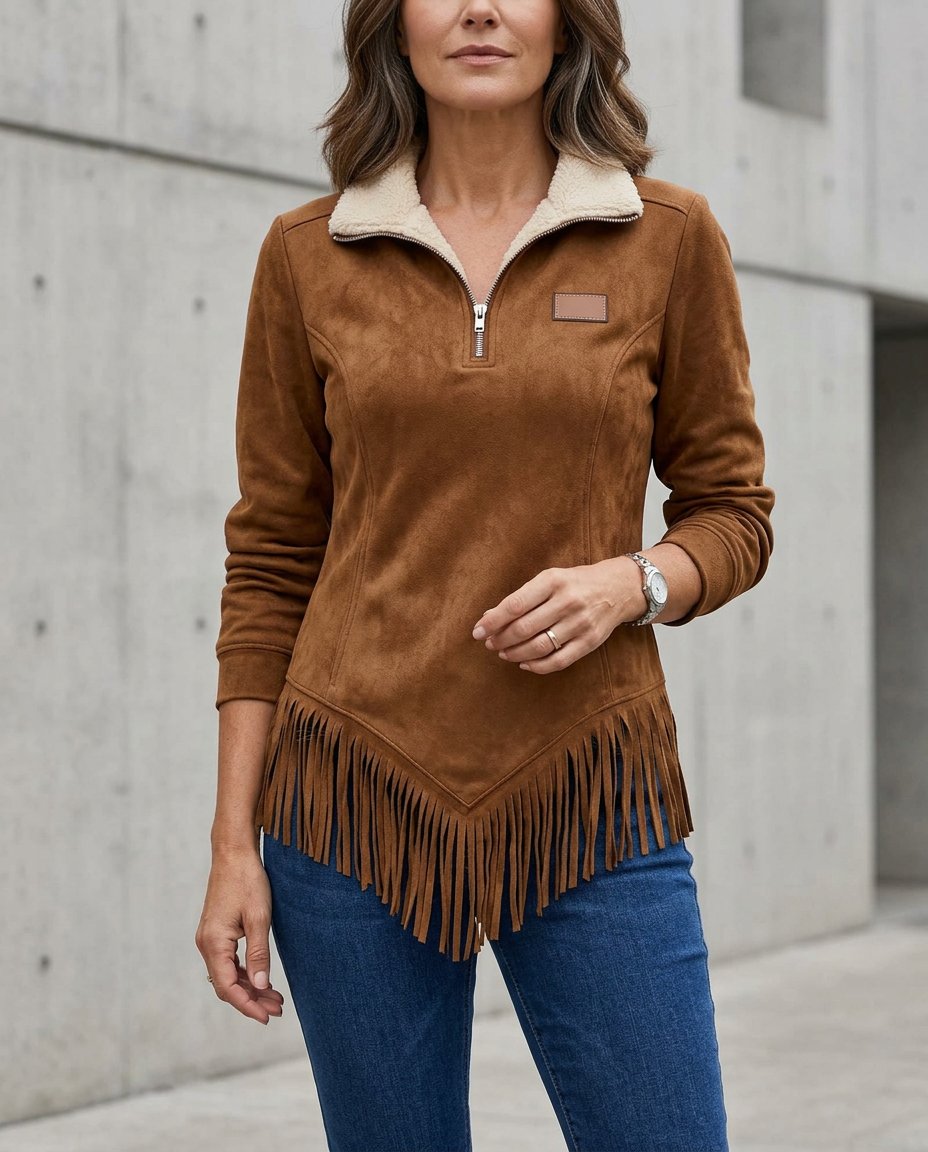 Damska bluza half zip z frędzlami w swobodnym fasonie