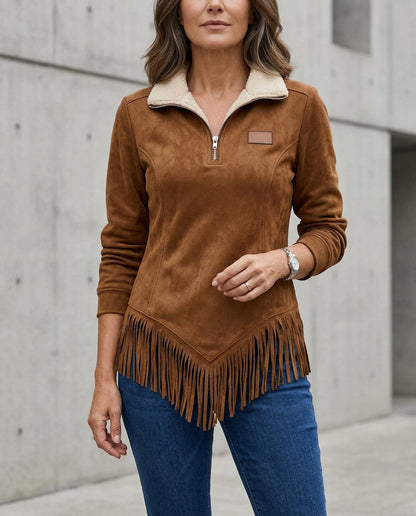 Damska bluza half zip z frędzlami w swobodnym fasonie