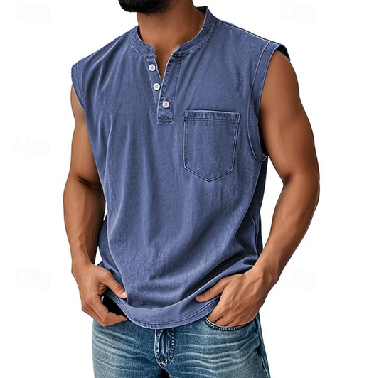 Męski tank top henley bez rękawów w stylu vintage z przodu