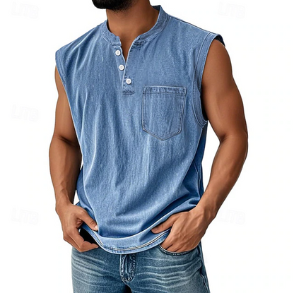 Męski tank top henley bez rękawów w stylu vintage z tyłu
