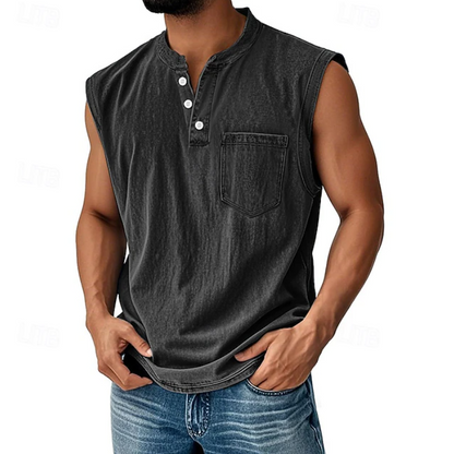 Męski Tank Top Henley Bez Rękawów W Stylu Vintage