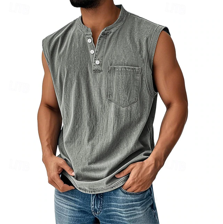 Męski Tank Top Henley Bez Rękawów W Stylu Vintage