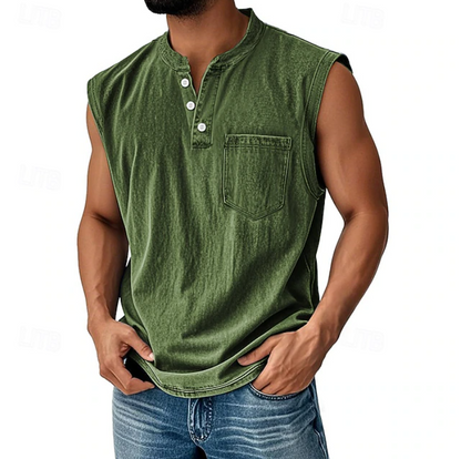Męski tank top henley vintage na modelu, widok z boku