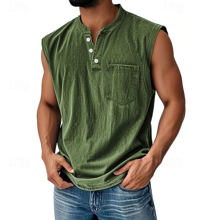 Męski Tank Top Henley Bez Rękawów W Stylu Vintage