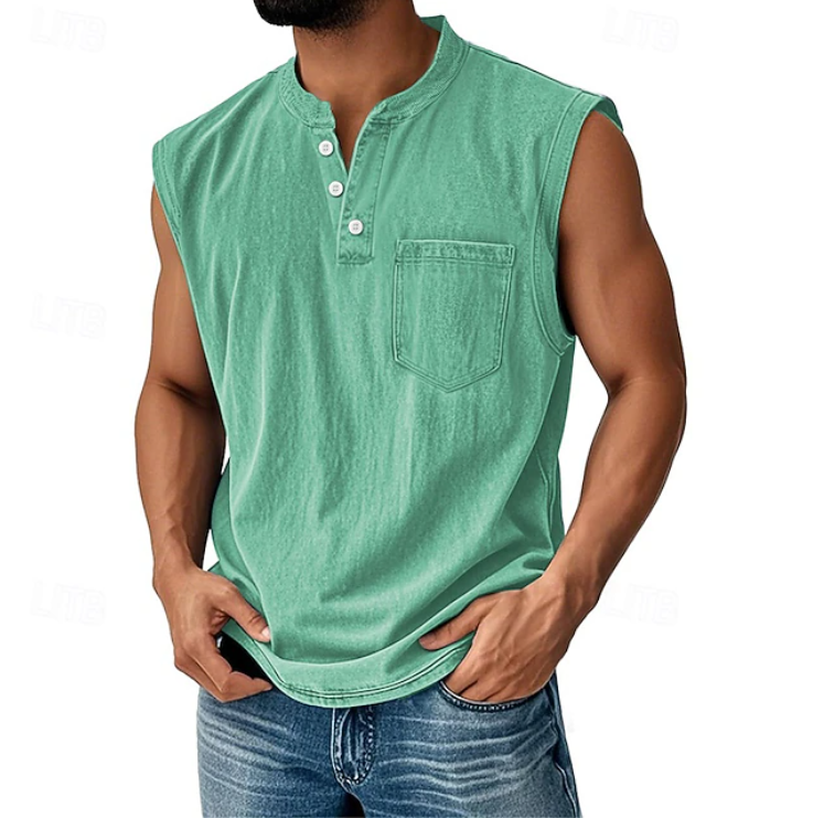 Detal materiału męskiego tank topu henley w stylu vintage