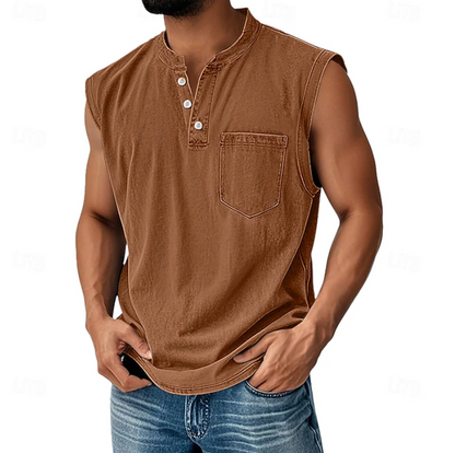 Męski Tank Top Henley Bez Rękawów W Stylu Vintage