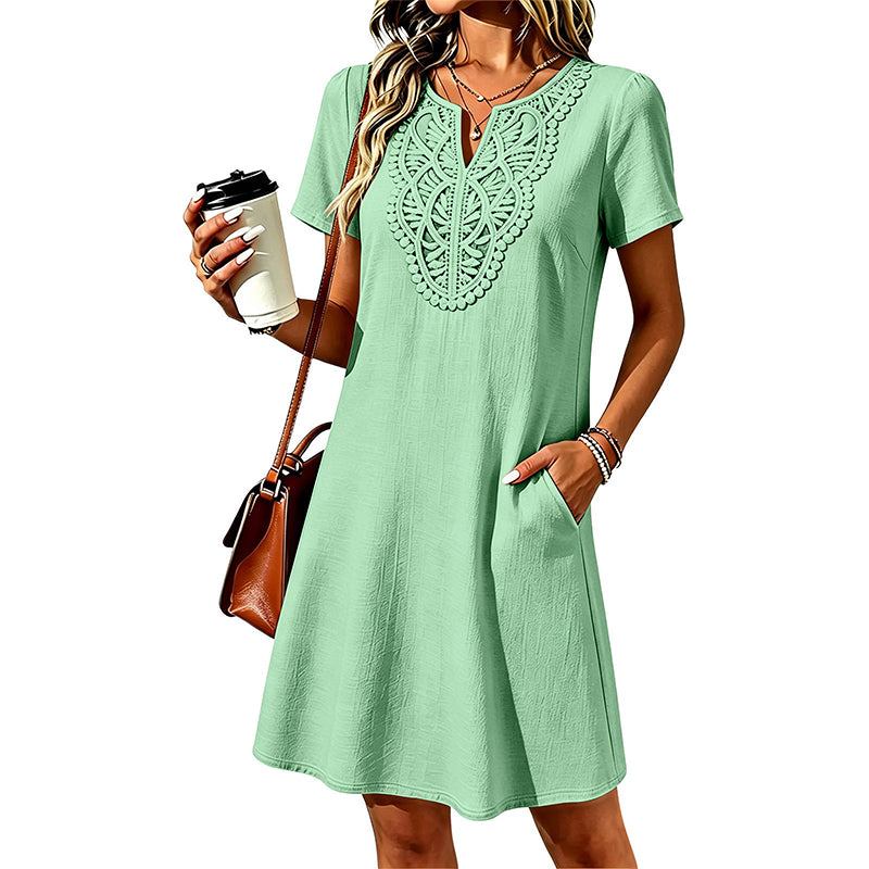 Damska Sukienka T Shirt Boho Z Koronką I Dekoltem V