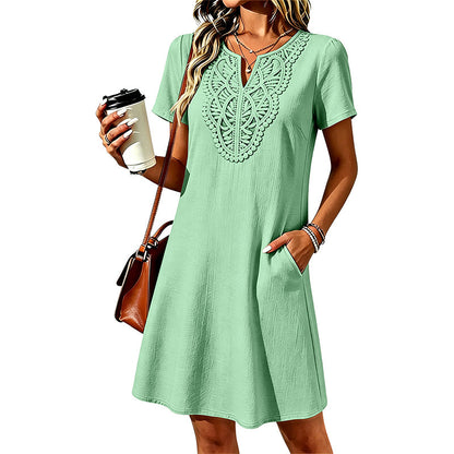 Damska Sukienka T Shirt Boho Z Koronką I Dekoltem V