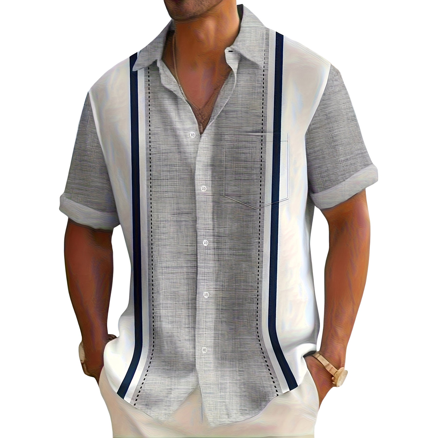 Detal pasków i tekstury materiału męskiej koszuli resortowej