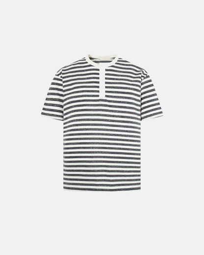 Damski t-shirt Henley w paski o luźnym kroju - widok z tyłu