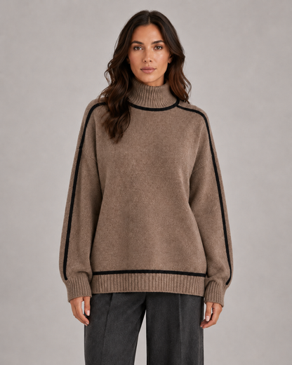 Damski dzianinowy sweter oversize z golfem w ujęciu na modelce