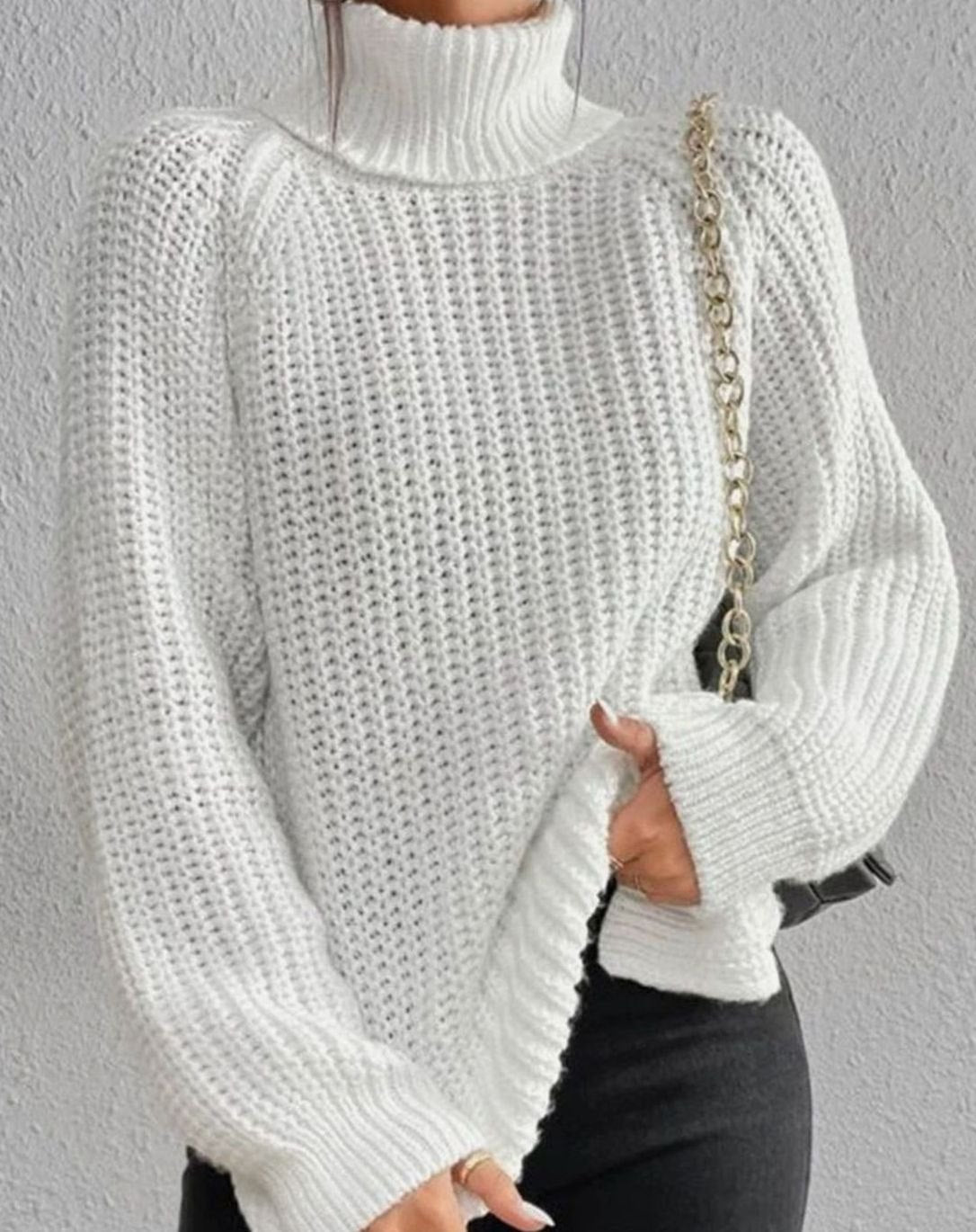 Damski Sweter Golf Z Prążkowanej Dzianiny Luźny Krój